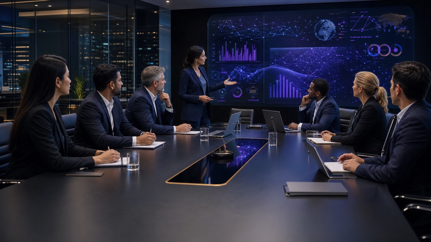 Executive technology consultants reviewing AI and digital transformation strategy in a premium boardroom